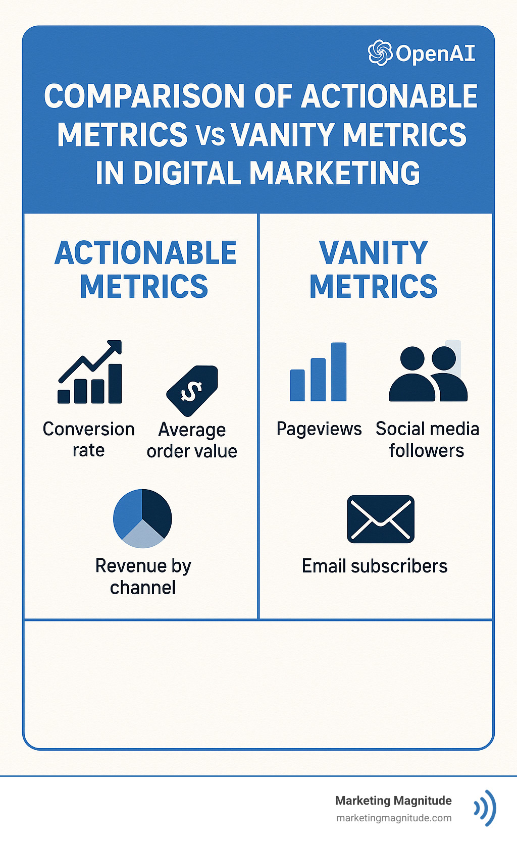 Comparison of actionable metrics vs vanity metrics in digital marketing - online marketing analysis infographic 