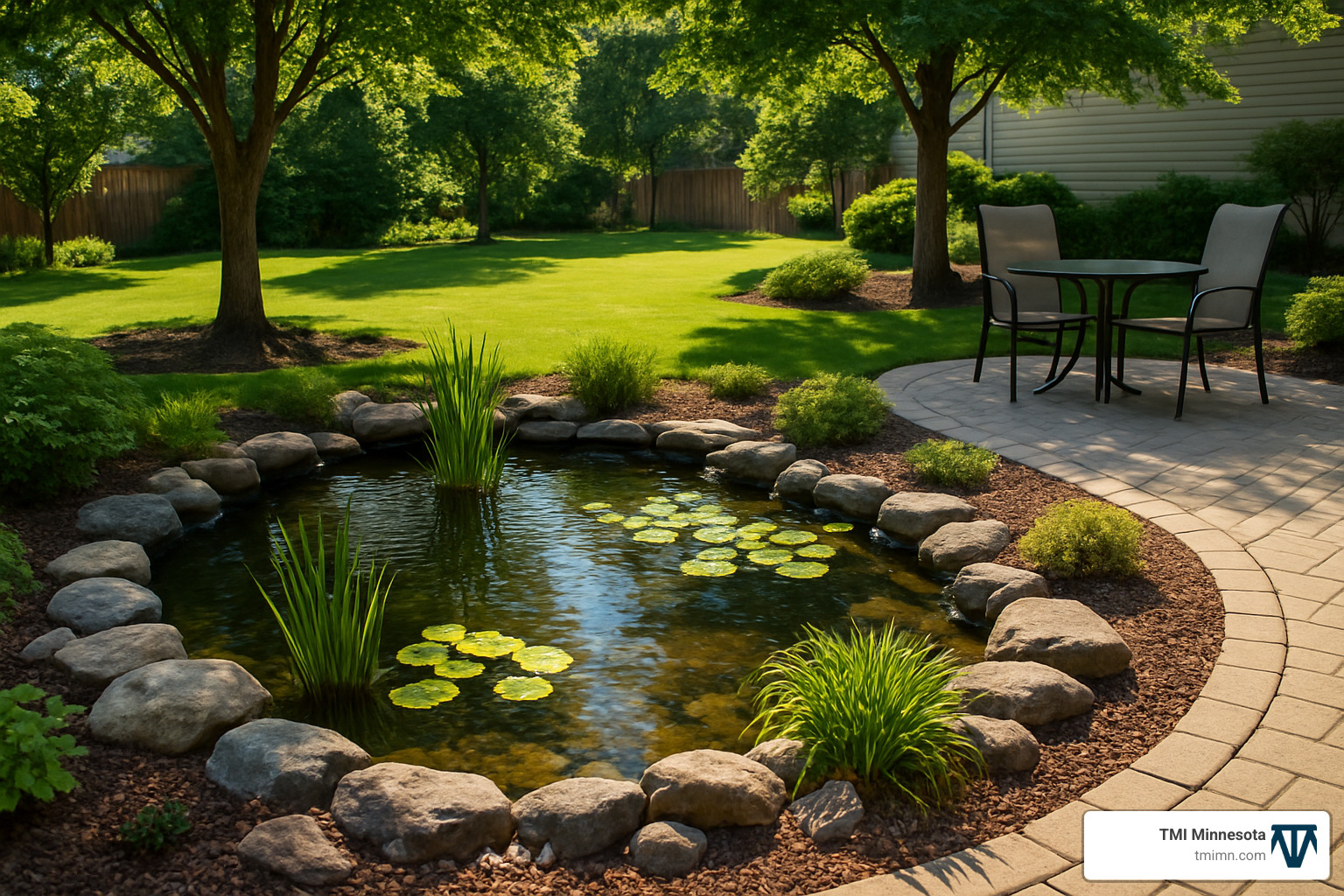 Backyard pond installation with proper sun/shade balance and positioning - backyard pond installation
