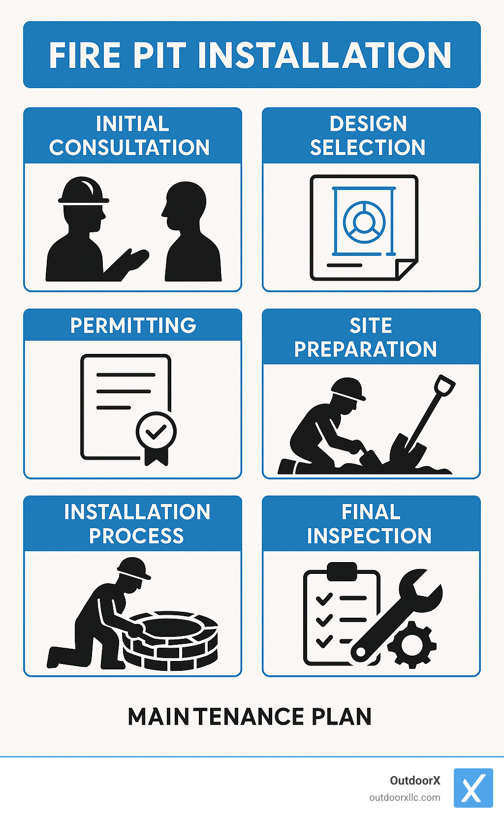 Infographic showing the fire pit installation journey from initial consultation through design selection, permitting, site preparation, installation process, final inspection, and maintenance plan - fire pits installer infographic 