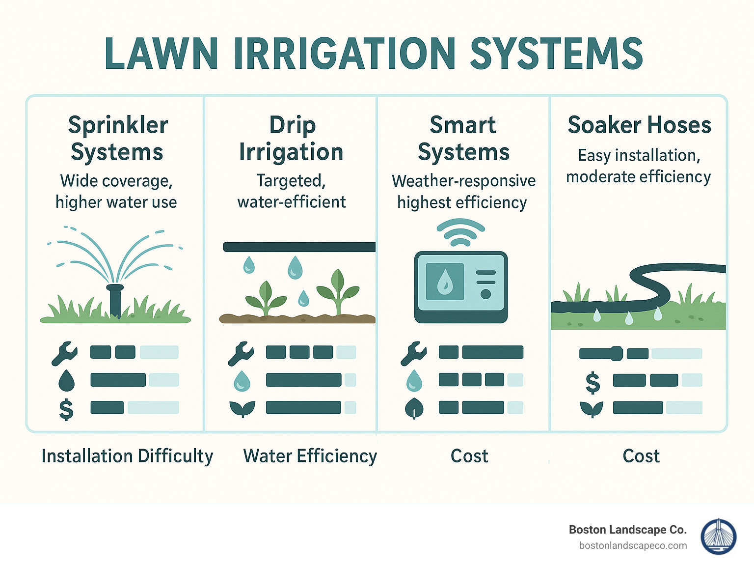 Comparison of four main irrigation system types showing sprinkler systems (wide coverage, higher water use), drip irrigation (targeted, water-efficient), smart systems (weather-responsive, highest efficiency), and soaker hoses (easy installation, moderate efficiency) with installation difficulty, water efficiency, and cost metrics for each - lawn irrigation infographic 