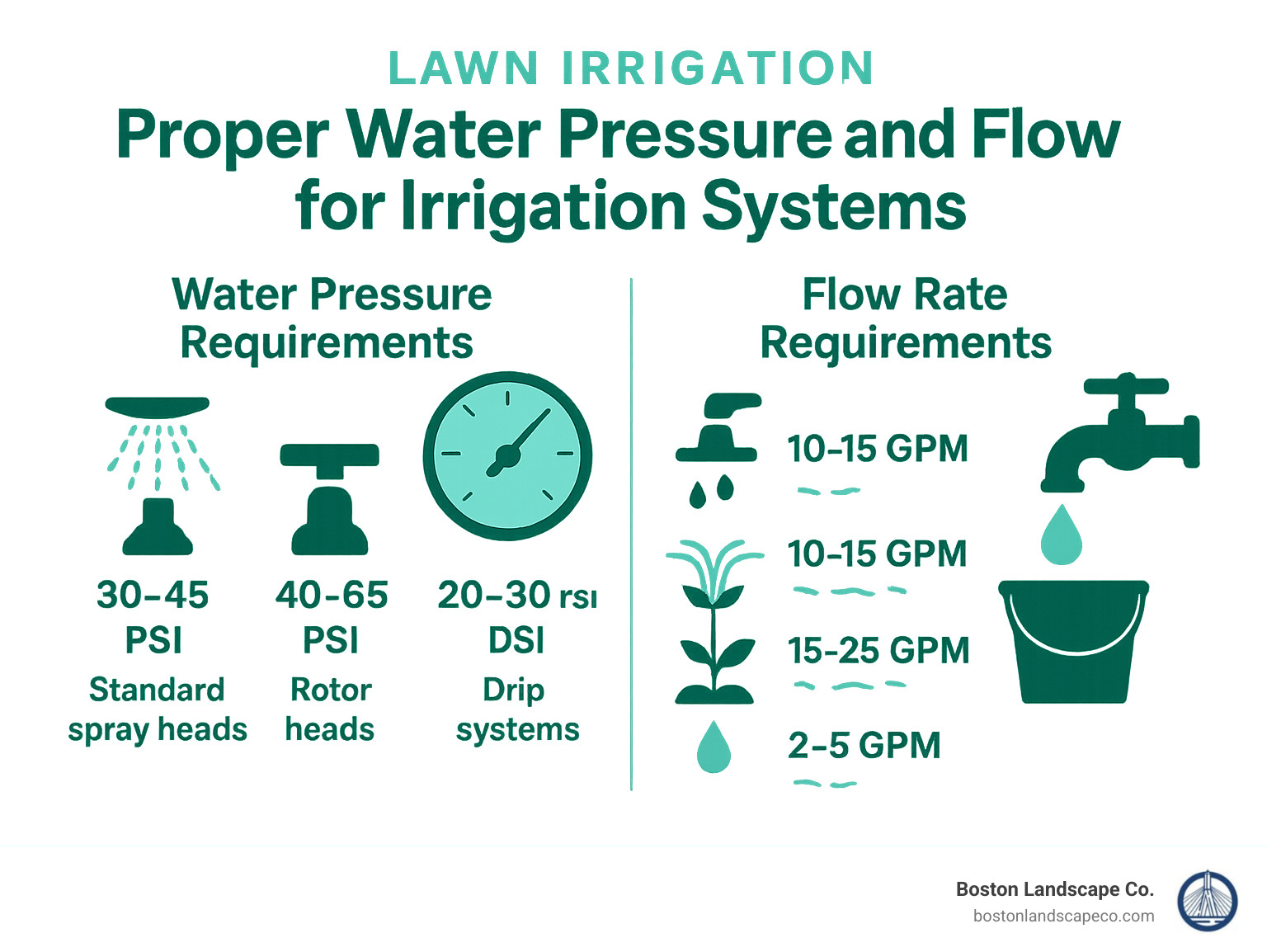 Diagram showing proper water pressure and flow rate measurements for irrigation systems - lawn irrigation infographic 