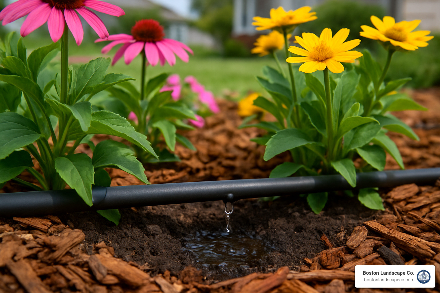drip line in flower bed watering plants at root level - lawn irrigation