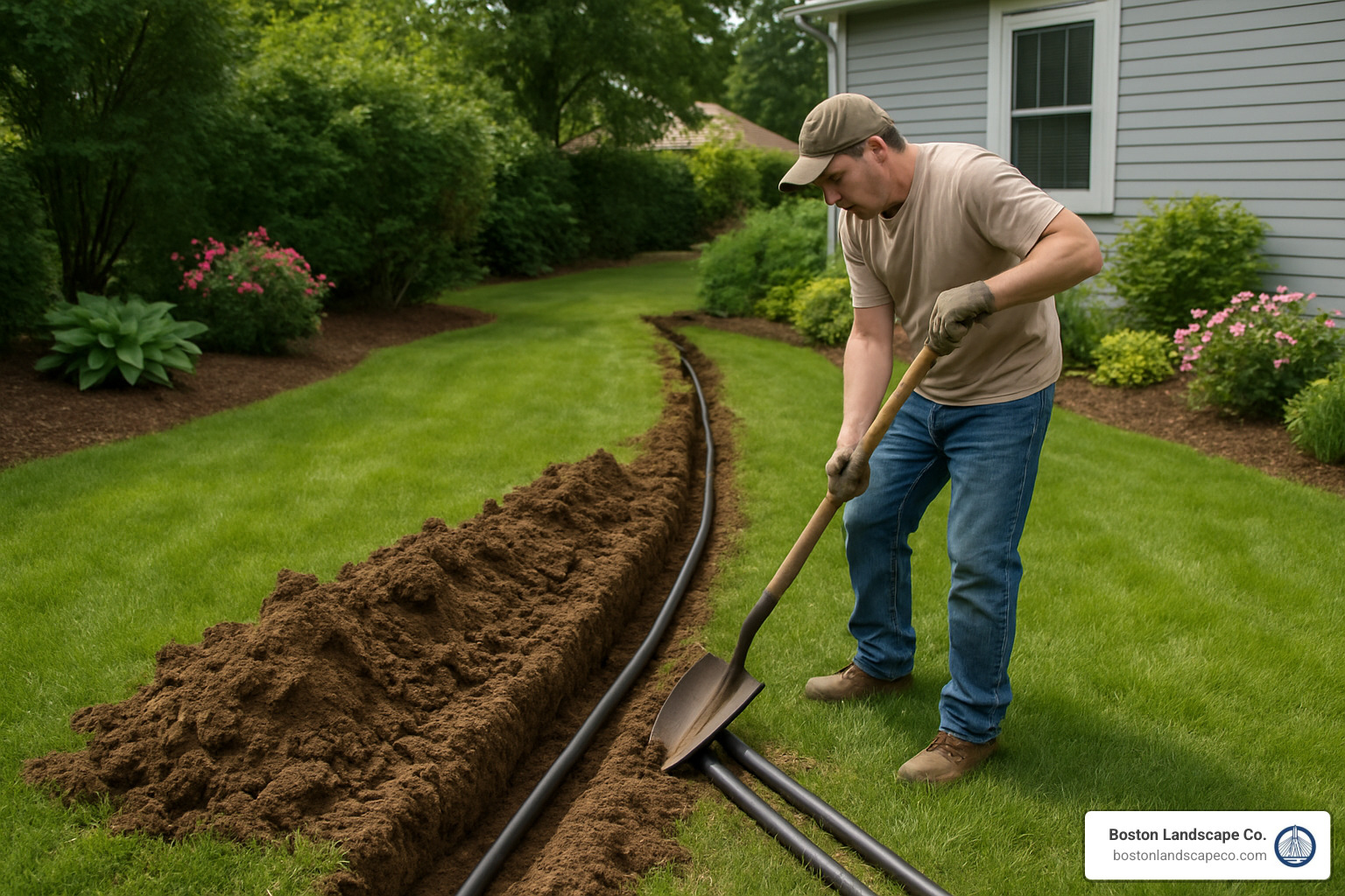 trenching sprinkler lines in a residential yard - lawn irrigation