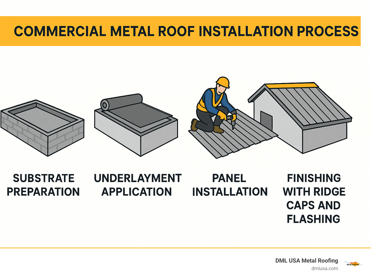 Commercial metal roof installation process showing substrate preparation, underlayment application, panel installation, and finishing with ridge caps and flashing - Commercial metal roof installation infographic