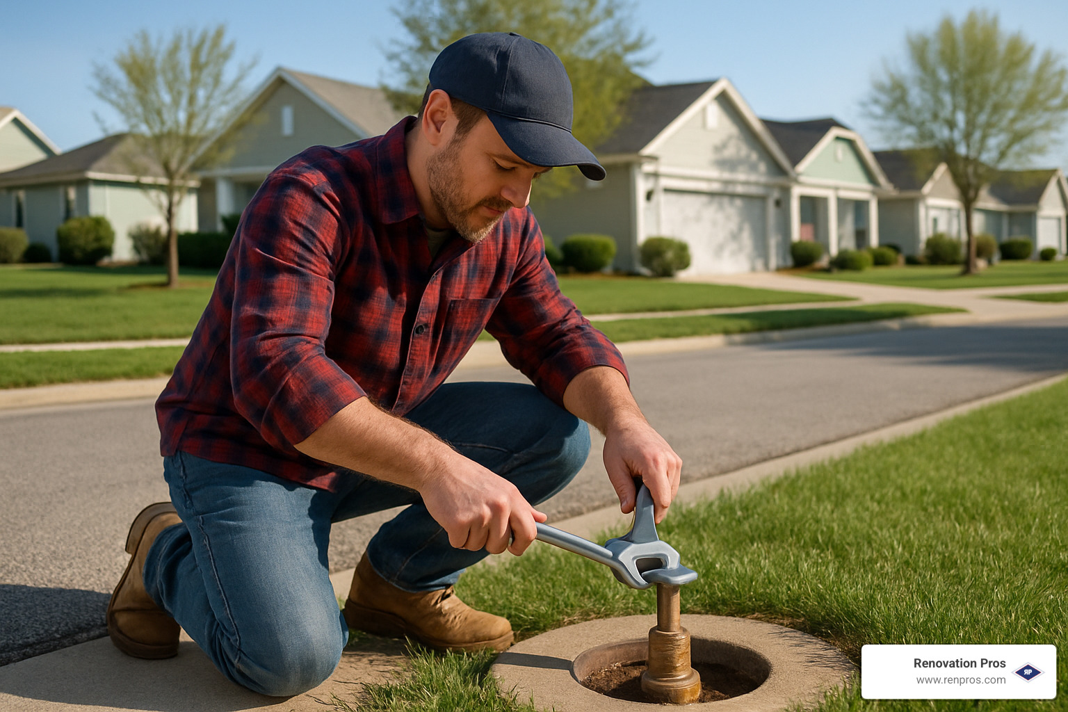 homeowner turning water shut-off valve at curb - sprinkler water damage temecula