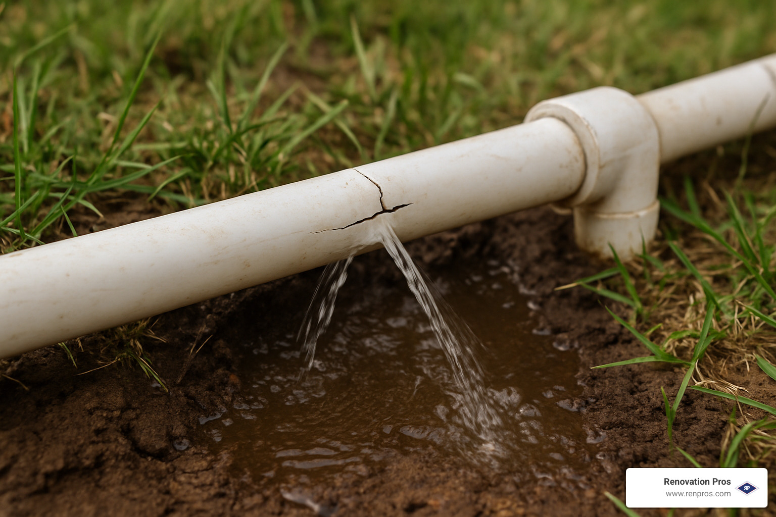 cracked PVC sprinkler line leaking water into soil - sprinkler water damage temecula