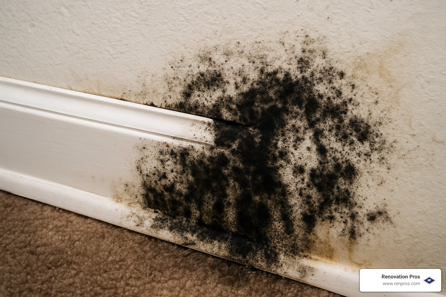 black mold growing behind baseboard from water damage - sprinkler water damage temecula