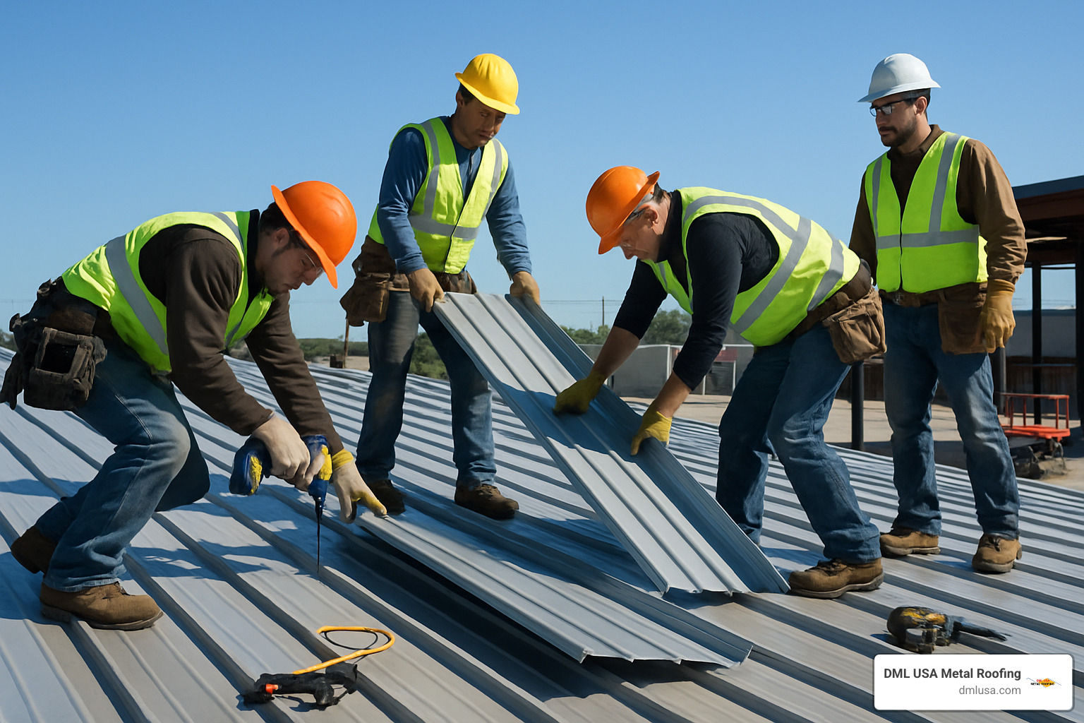 crew installing commercial metal roof panels - Commercial metal roof installation