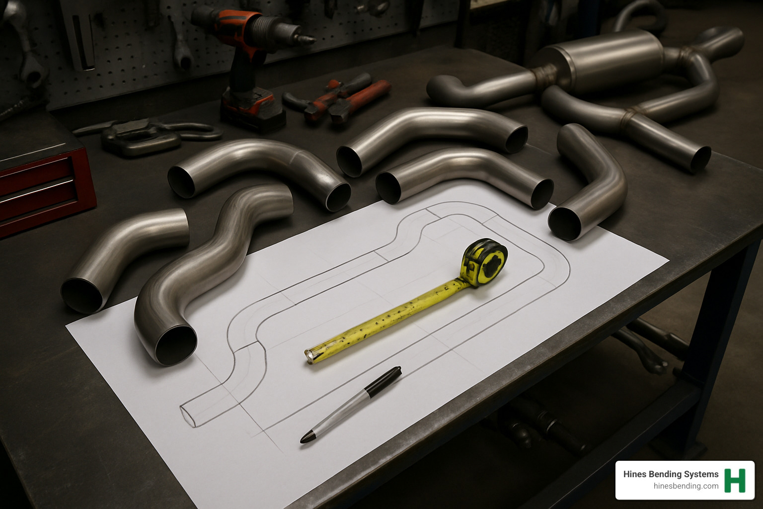 exhaust pipe bend layout on workbench - exhaust pipe bending