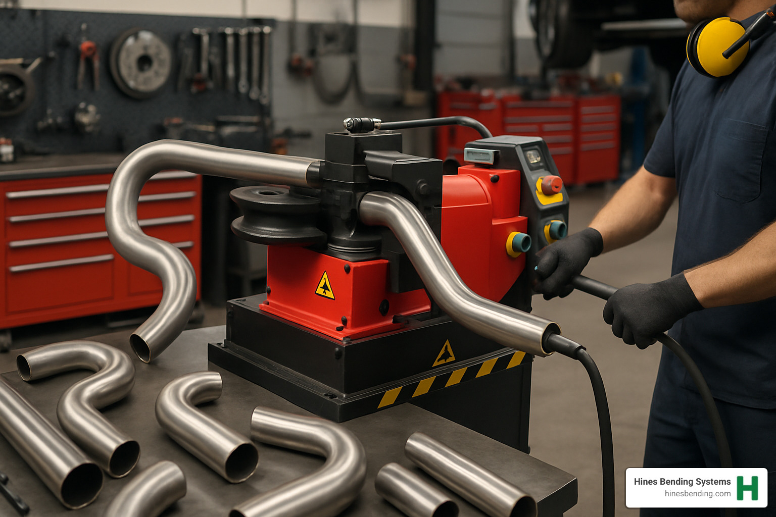 hydraulic tube bender in workshop - exhaust pipe bending