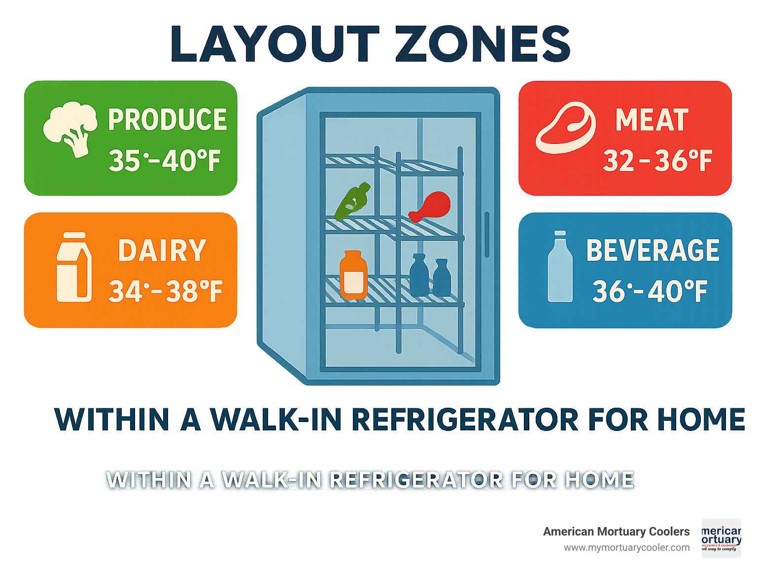 Layout zones showing different storage areas within a walk-in refrigerator including produce, meat, dairy, and beverage sections with optimal temperature ranges for each - walk in refrigerator for home infographic 