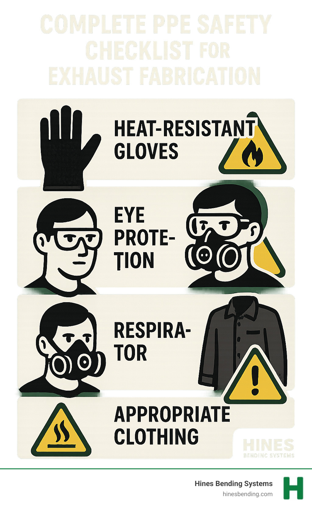 Complete PPE safety checklist for exhaust fabrication showing proper gloves, eye protection, respirator, and clothing requirements with hazard warnings for each item - exhaust pipe bending infographic 