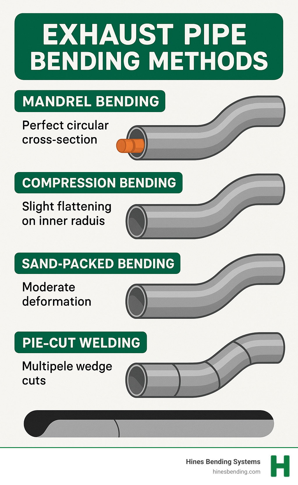 Exhaust pipe bending methods comparison showing four techniques: mandrel bending with internal support maintaining perfect circular cross-section, compression bending showing slight flattening on inner radius, sand-packed bending with moderate deformation, and pie-cut welding with multiple wedge cuts and weld seams - exhaust pipe bending infographic 