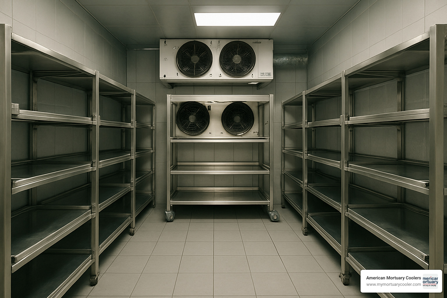 Interior racks and cooling system inside a hospital morgue cooler