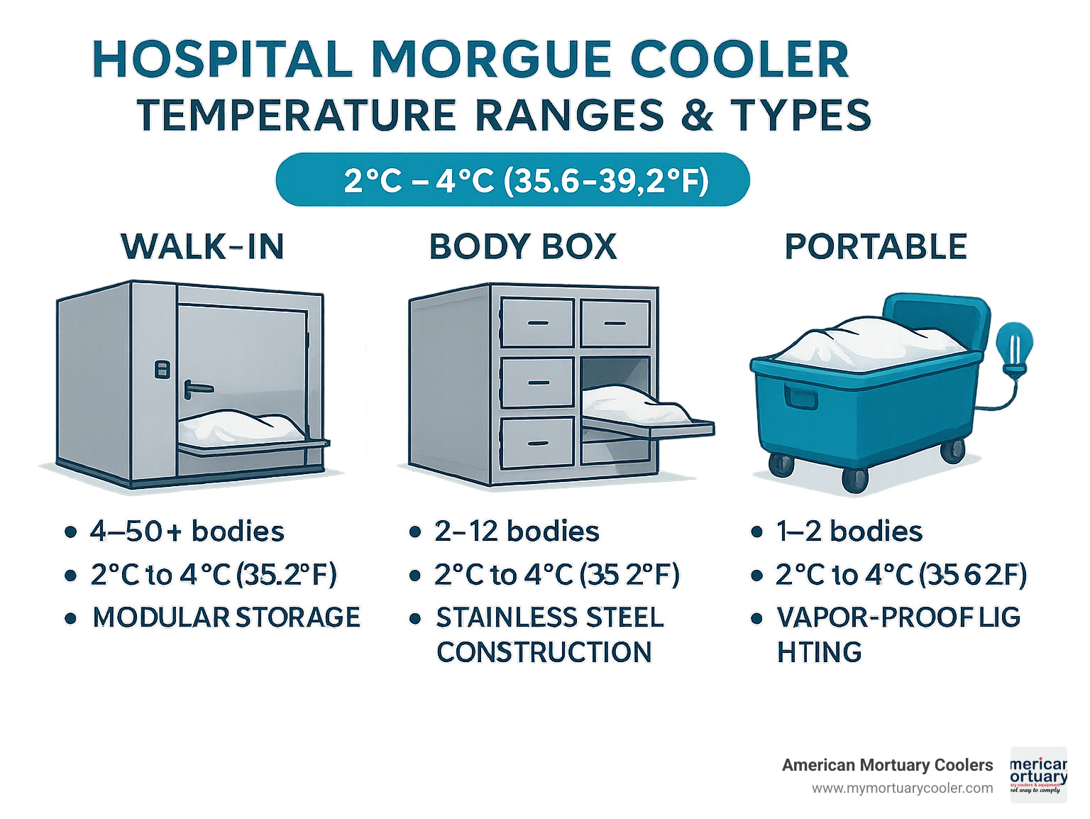 Morgue cooler temperature ranges, types, and capacities