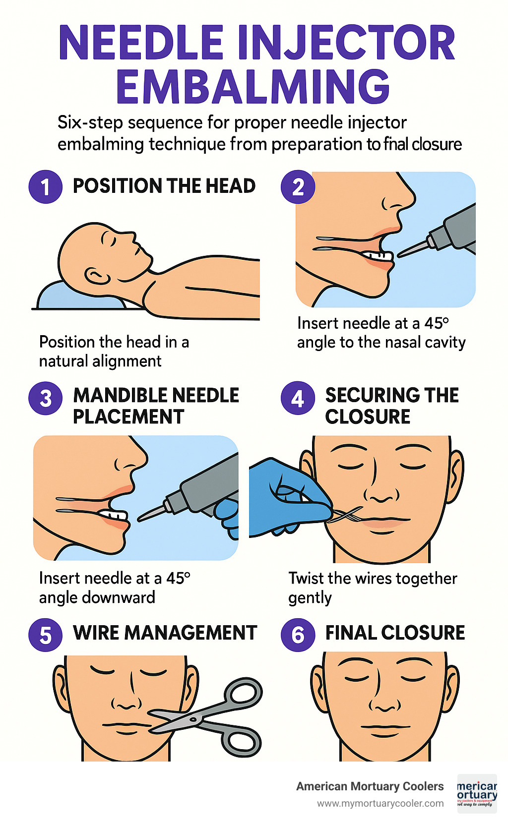Six-step sequence for proper needle injector embalming technique from preparation to final closure - needle injector embalming infographic 