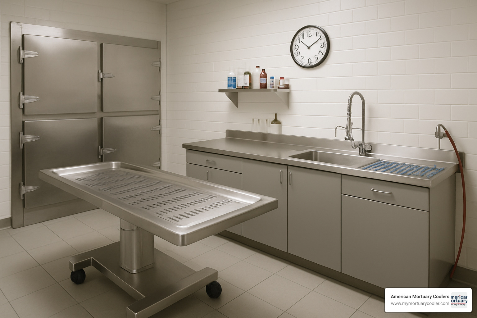 fully equipped mortuary preparation room with cooler and embalming instruments - needle injector embalming