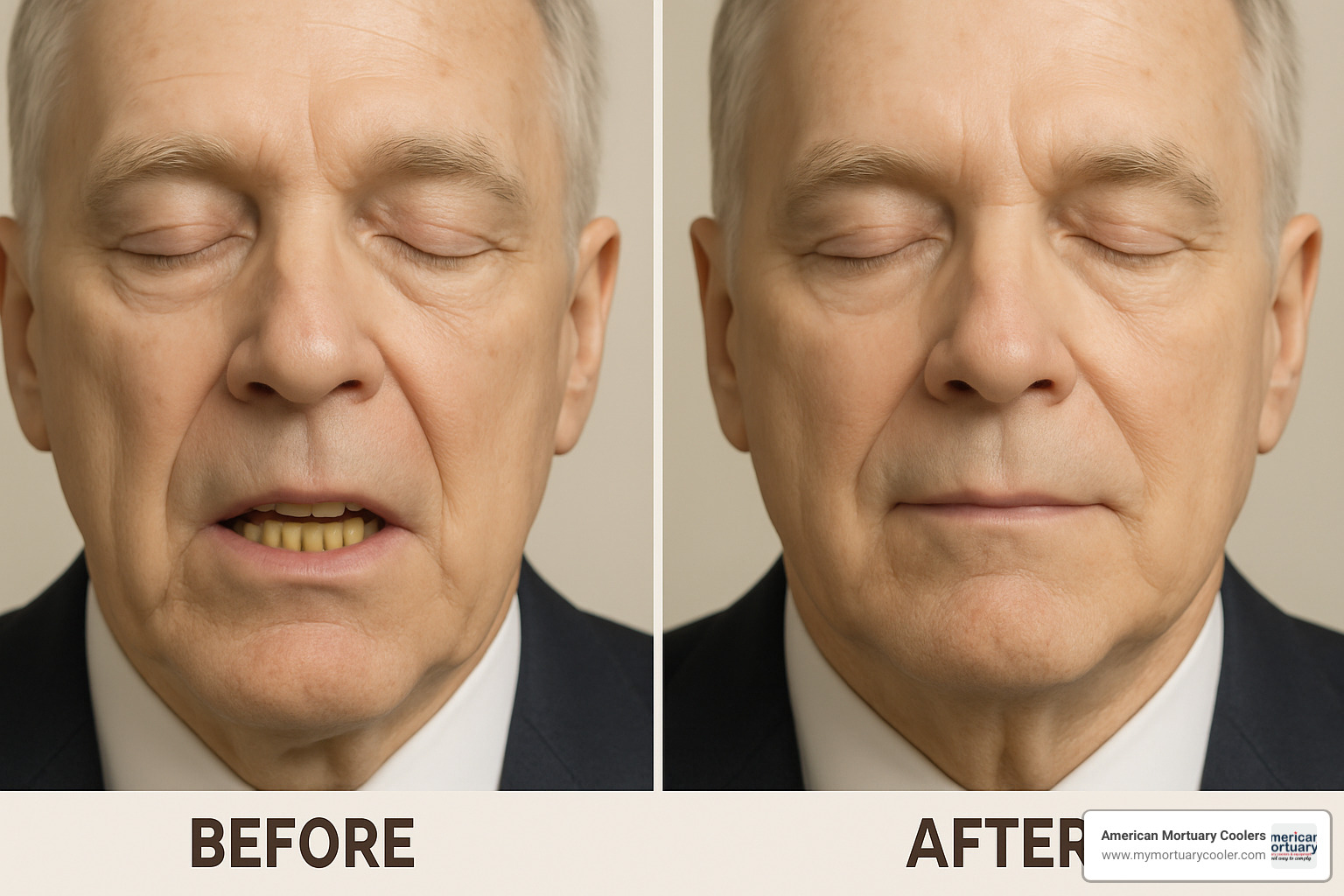 before and after mouth closure using needle injector technique - needle injector embalming