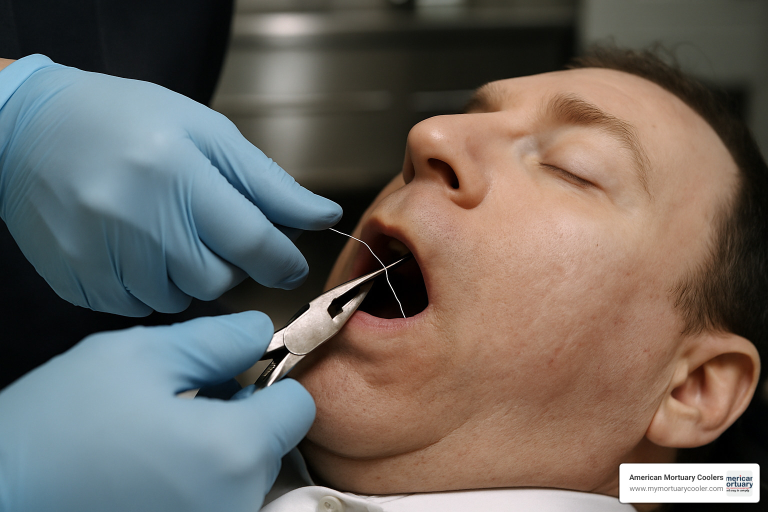 close-up of wire twist technique for needle injector mouth closure - needle injector embalming