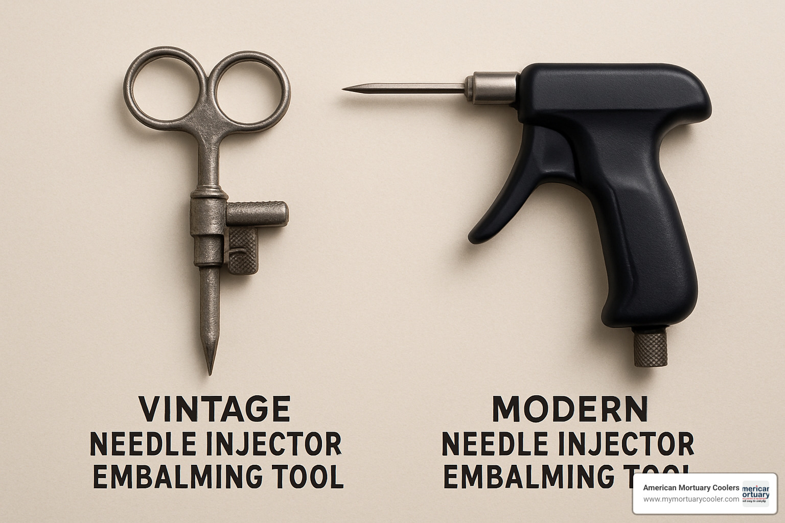 vintage and modern needle injector models side by side - needle injector embalming