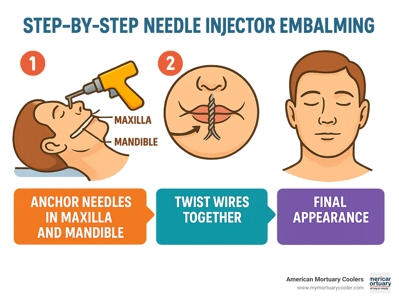 Step-by-step needle injector embalming procedure showing maxilla and mandible anchoring points, wire twisting technique, and final appearance - needle injector embalming infographic 