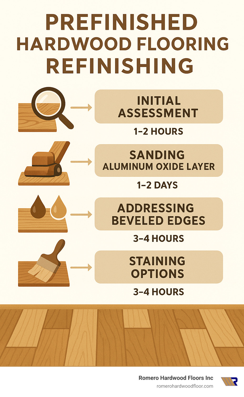 Diagram showing prefinished hardwood floor refinishing process with 5 stages: initial assessment, sanding aluminum oxide layer, addressing beveled edges, staining options, and protective finishing coats with approximate timeframes for each stage - prefinished hardwood flooring refinishing infographic