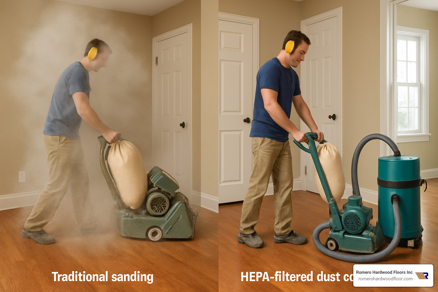 comparison of traditional sanding dust vs HEPA-filtered dust containment system - prefinished hardwood flooring refinishing