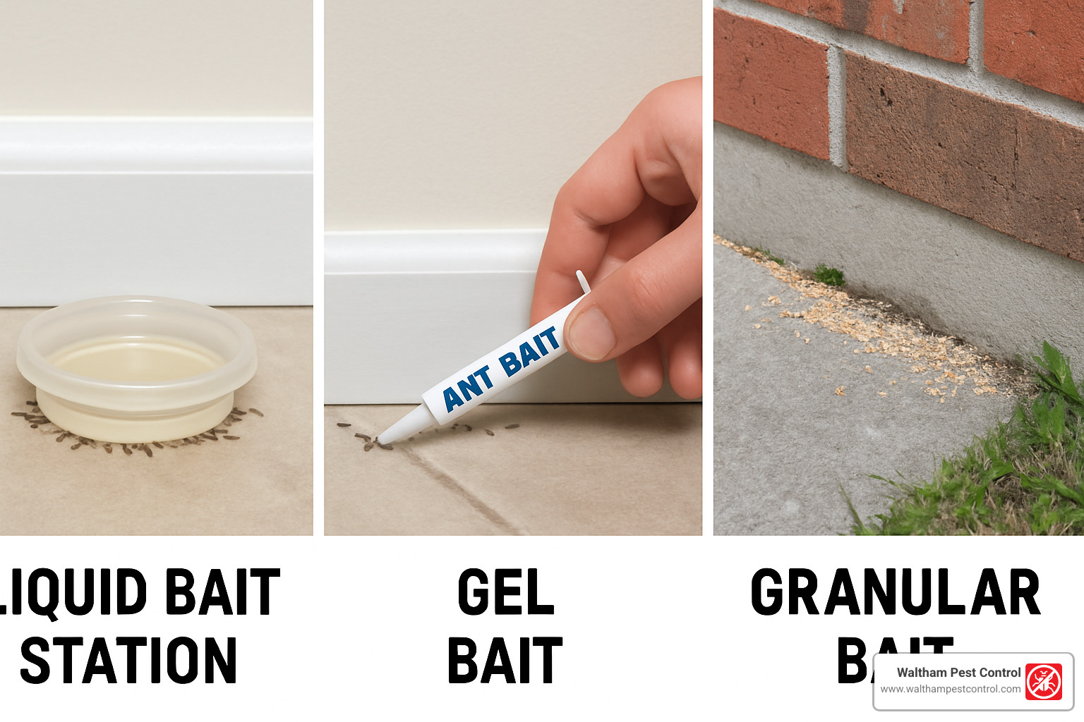 comparison of different ant bait types showing liquid, gel, and granular formulations - bait for ants in house