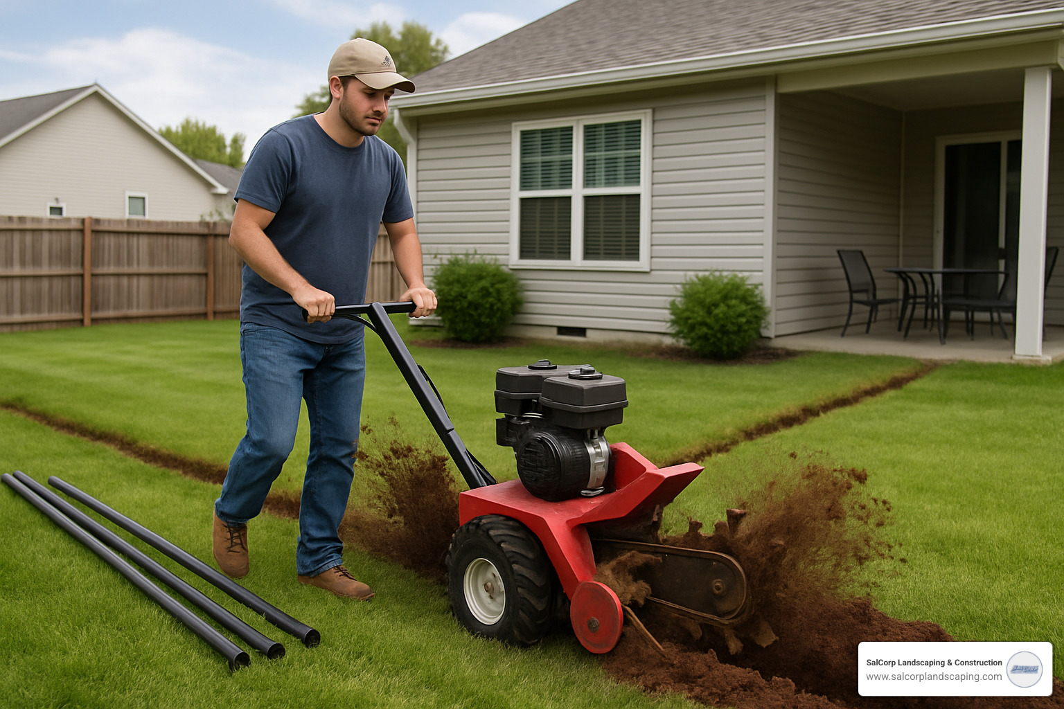 homeowner using trencher for sprinkler system installation - lawn sprinkler system setup