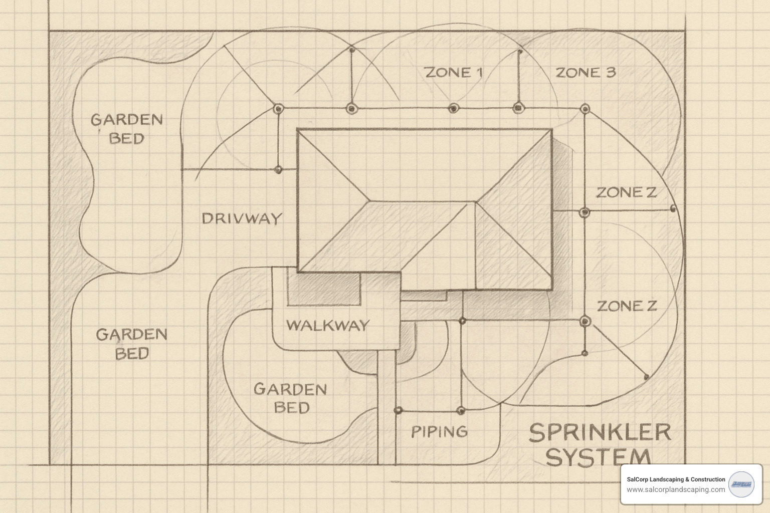 detailed grid paper drawing of property with sprinkler layout - lawn sprinkler system setup