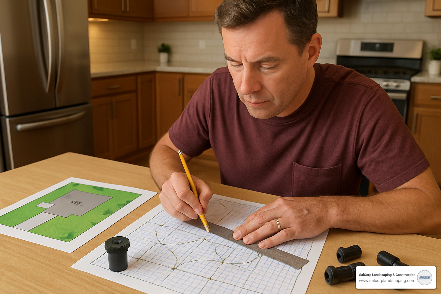homeowner planning sprinkler system layout on grid paper - lawn sprinkler system setup