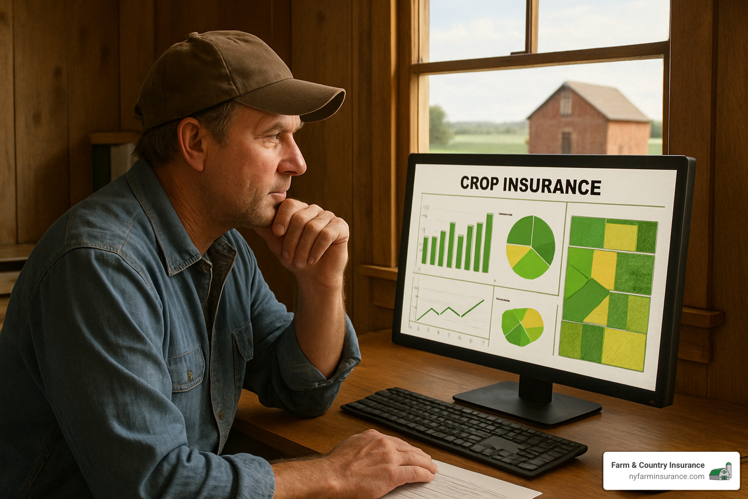 farmer analyzing crop insurance data on computer - Crop and livestock insurance