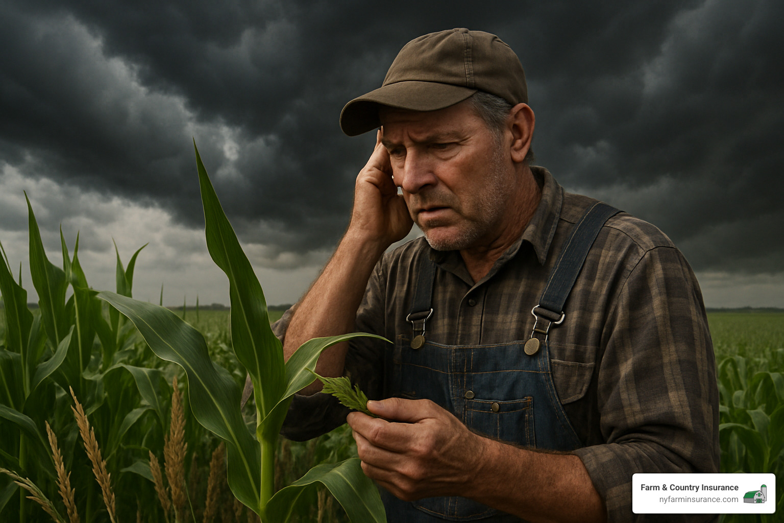 farmer examining crops with weather challenges - Crop and livestock insurance