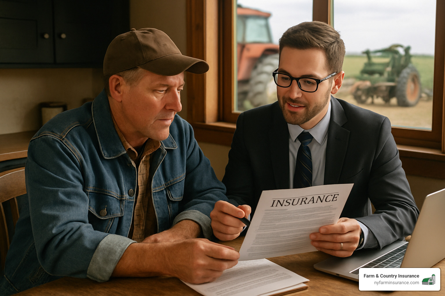 farmer reviewing insurance documents with agent - Crop and livestock insurance