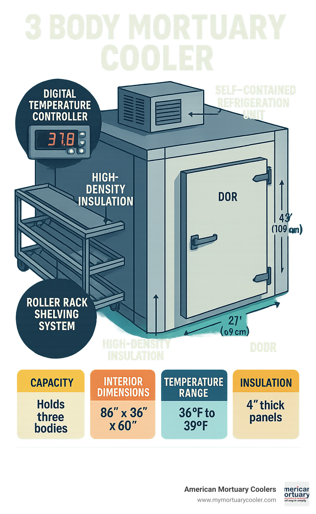 Detailed diagram showing the components of a 3 body mortuary cooler including the self-contained refrigeration unit, digital temperature controller, high-density insulation, roller rack shelving system, and door specifications with dimensions - 3 body mortuary cooler infographic 
