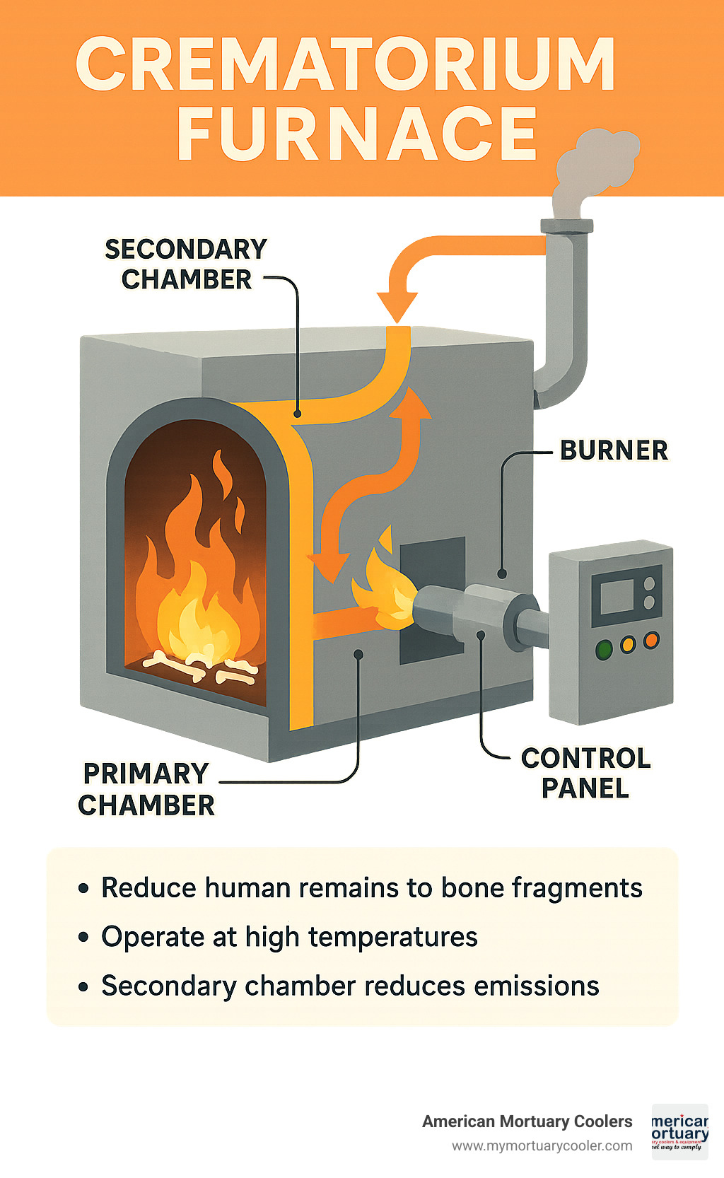 Diagram showing the components and operation of a modern crematorium furnace with labeled parts including primary chamber, secondary chamber, burners, control panel, and emissions system - crematorium furnace infographic 
