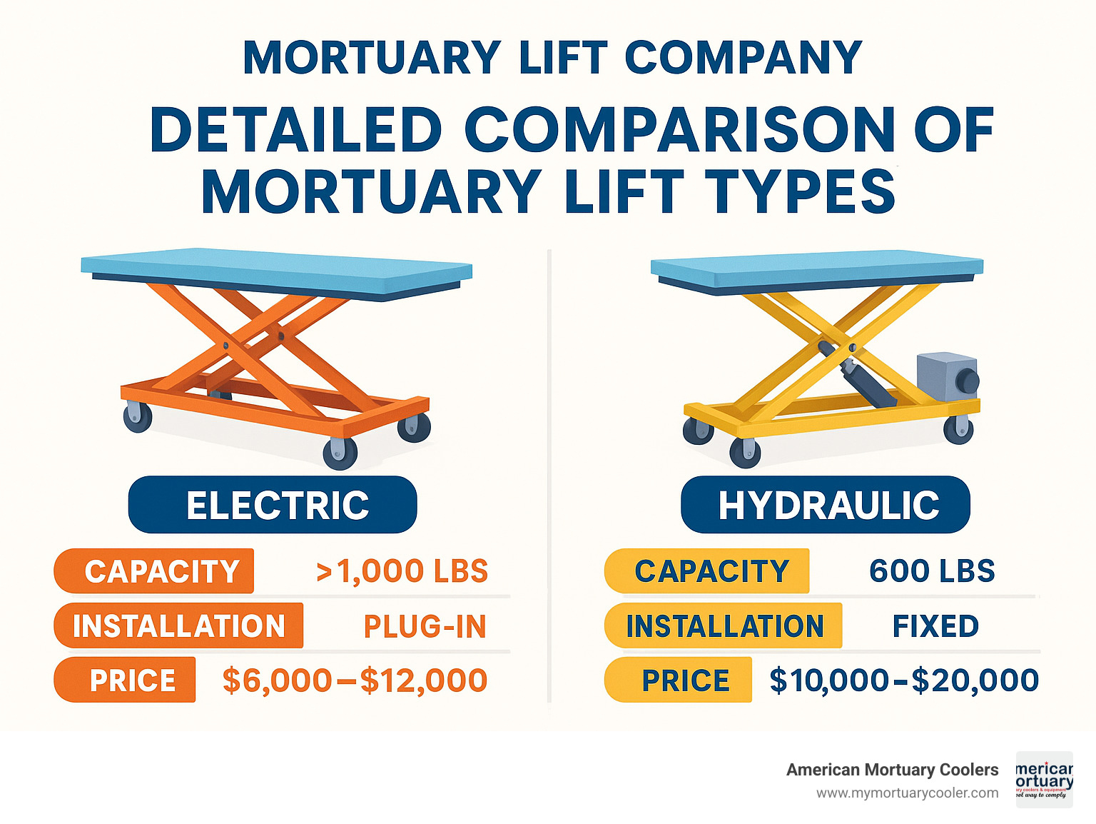 Detailed comparison of mortuary lift types showing electric vs hydraulic systems with capacity ratings, installation requirements, and price ranges - Mortuary Lift Company  infographic 