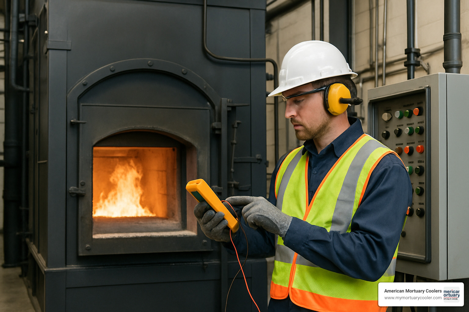 Crematorium furnace maintenance technician performing routine service - crematorium furnace