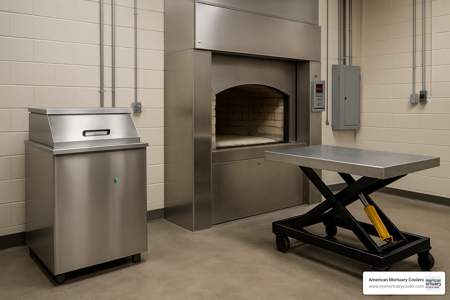 Cremation accessories including ash processor and hydraulic lift table - crematorium furnace