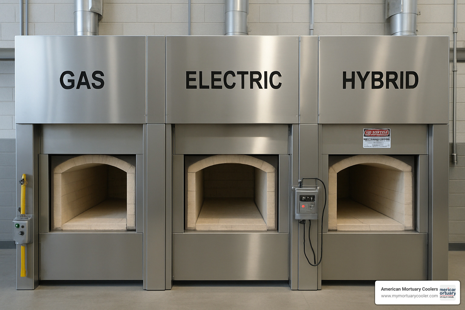 Different types of crematorium furnaces showing gas, electric, and hybrid models - crematorium furnace