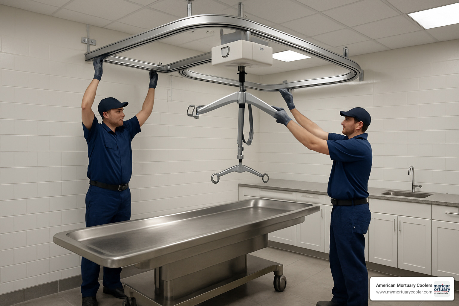 mortuary lift track system installation in prep room - Mortuary Lift Company 