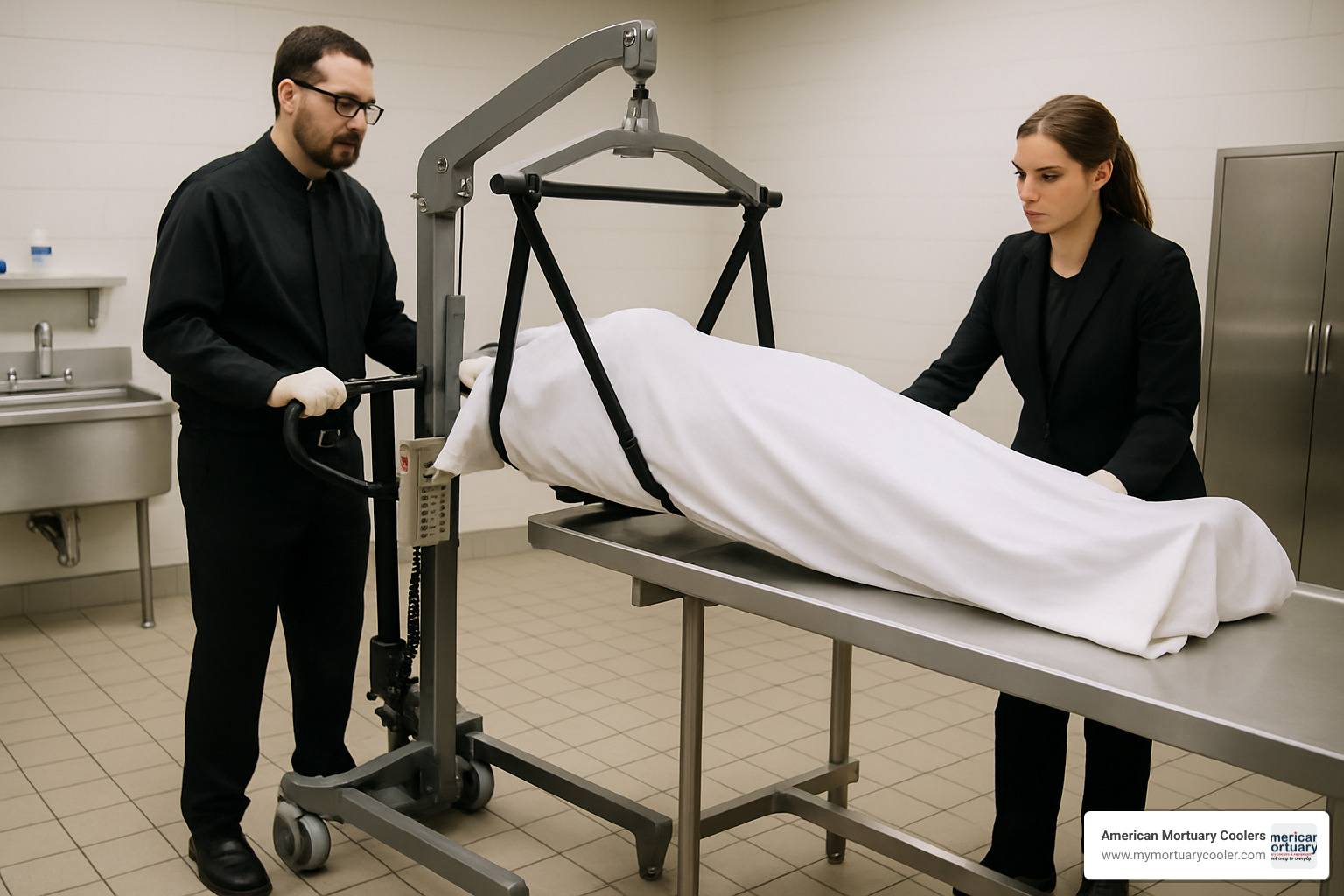 mortuary lift equipment being used in prep room - Mortuary Lift Company 