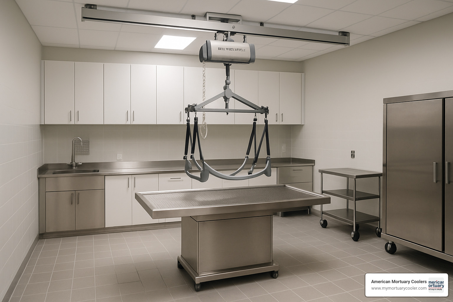 modern funeral home prep room with installed lift system - Mortuary Lift Company 