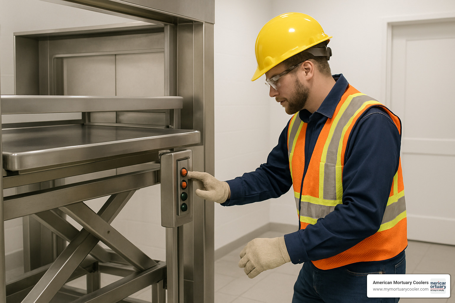 technician inspecting mortuary lift safety features - Mortuary Lift Company 