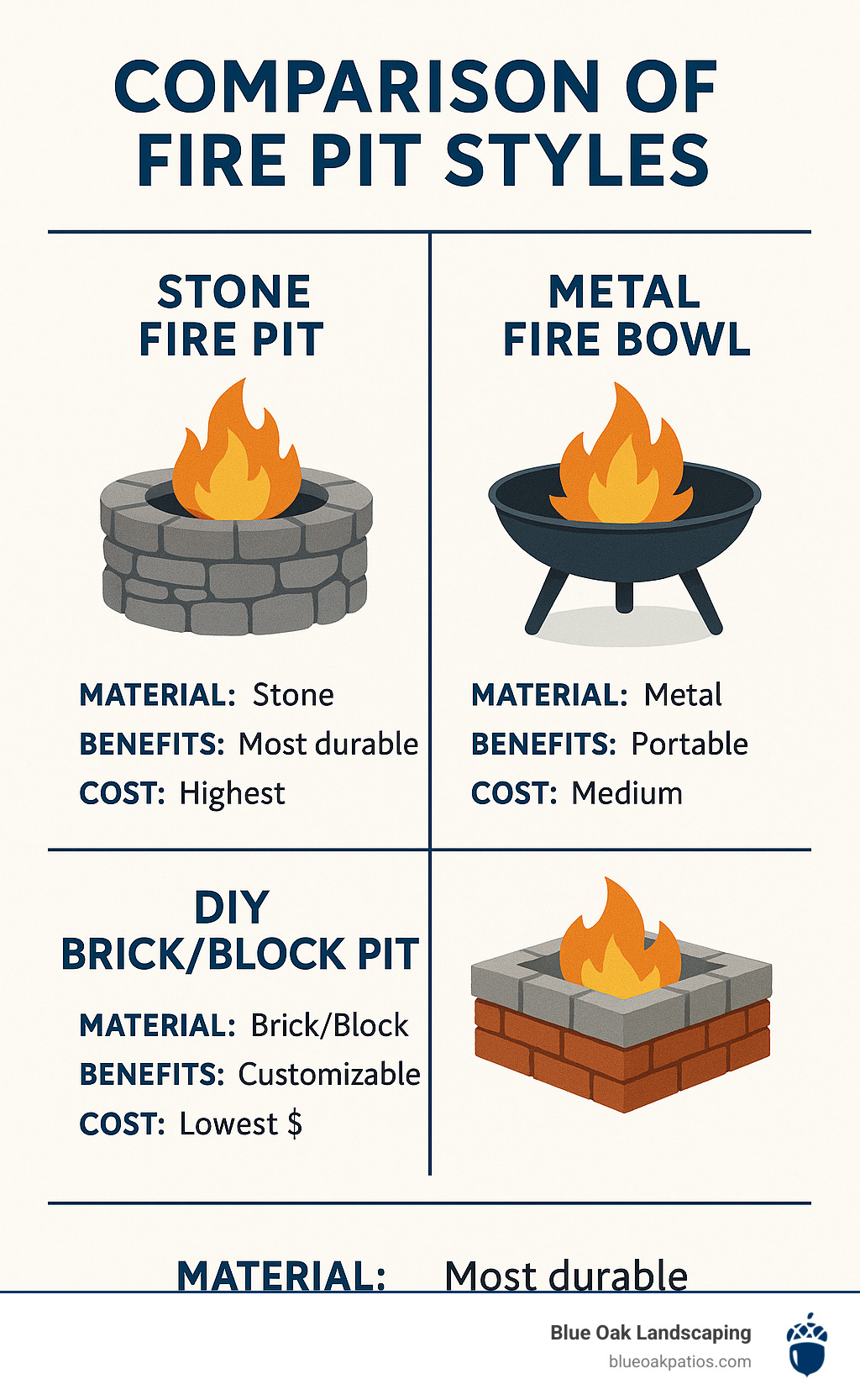 Comparison of fire pit styles showing materials, benefits, and costs with stone fire pits (most durable, highest cost), metal fire bowls (portable, medium cost), and DIY brick/block pits (customizable, lowest cost) - backyard fire pit ideas landscaping infographic 