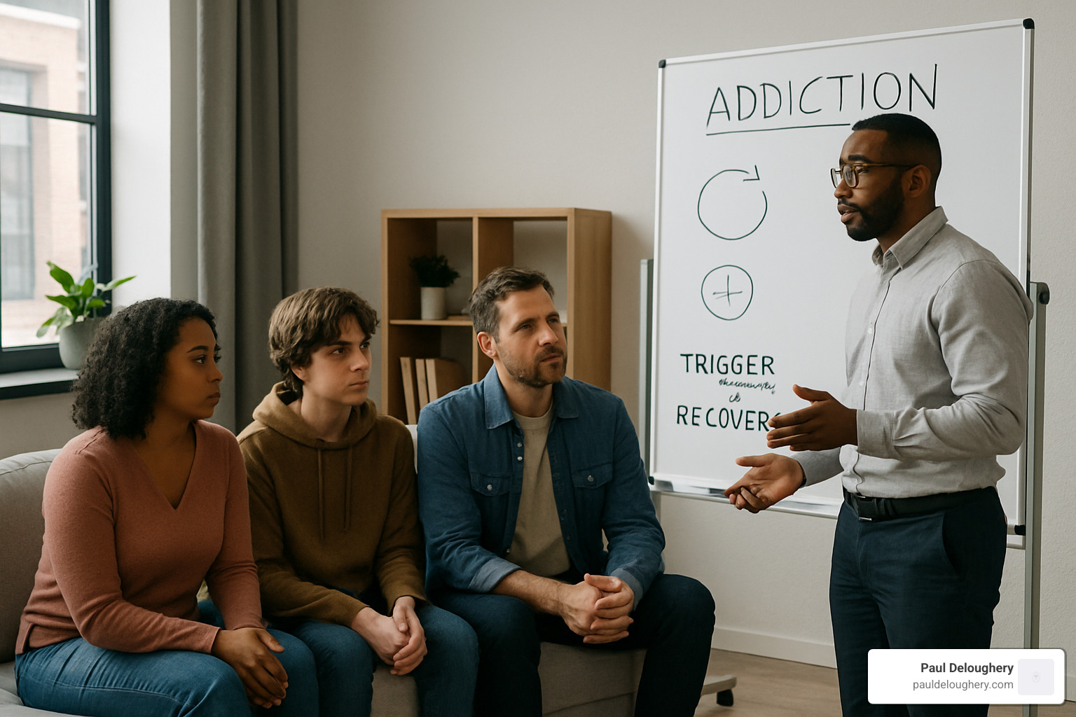therapist using whiteboard with family during counseling session - Addiction counseling for families