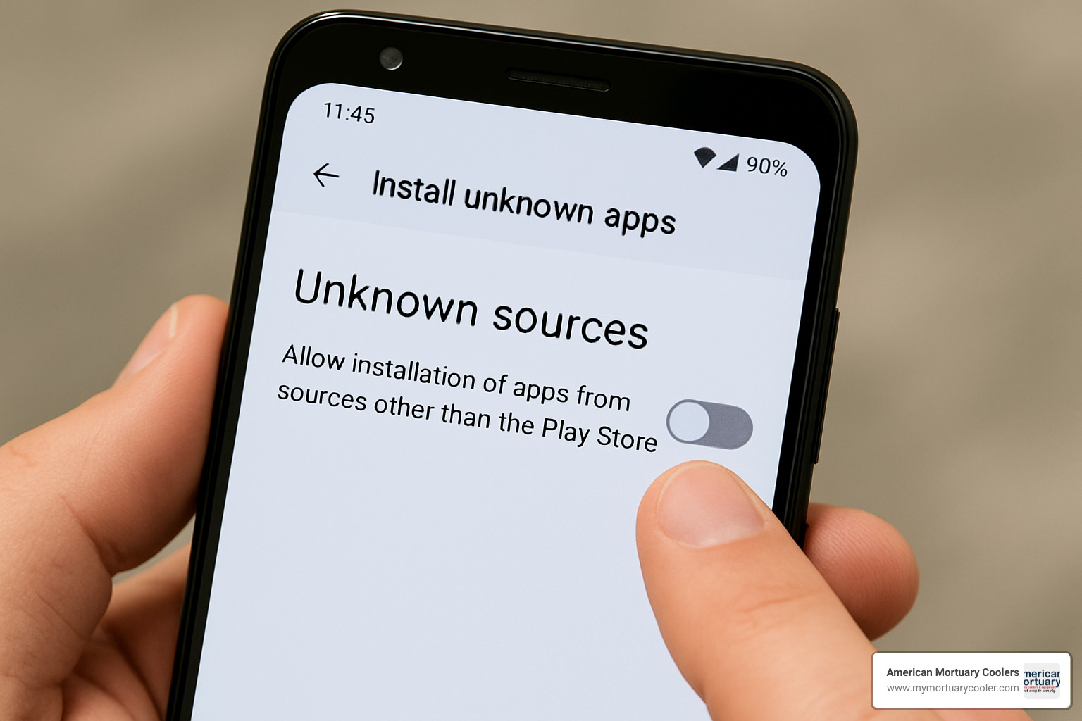 smartphone screen showing Unknown Sources setting for app installation - loading side