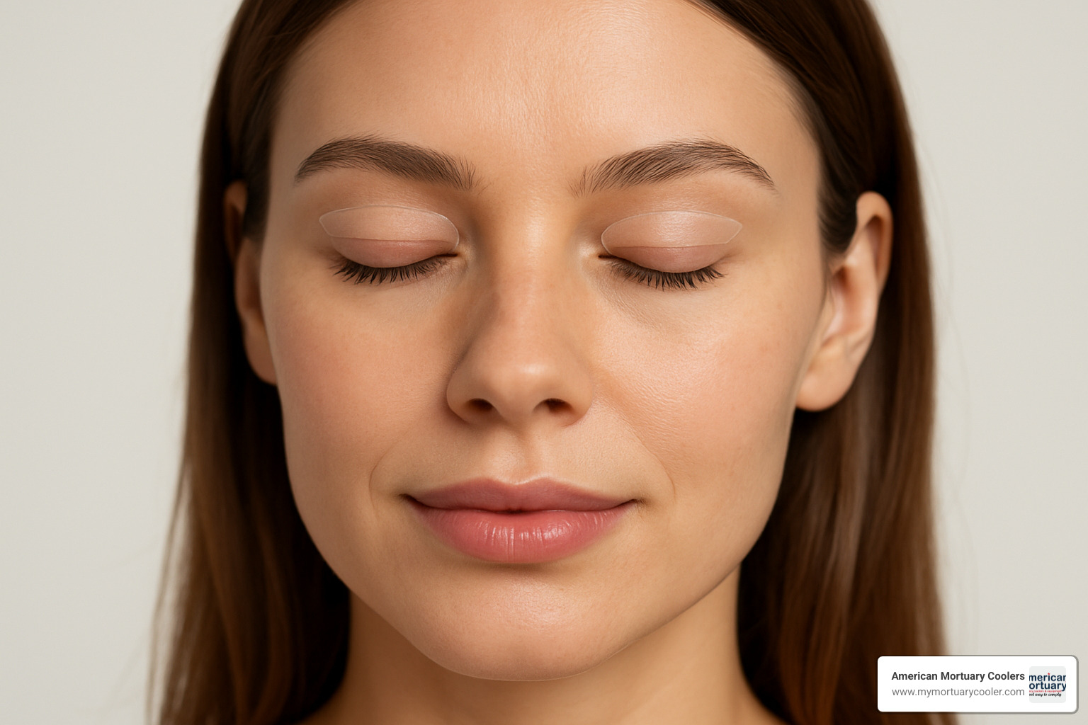 model wearing cosmetic eyelid tape for beauty improvement - eyelid caps