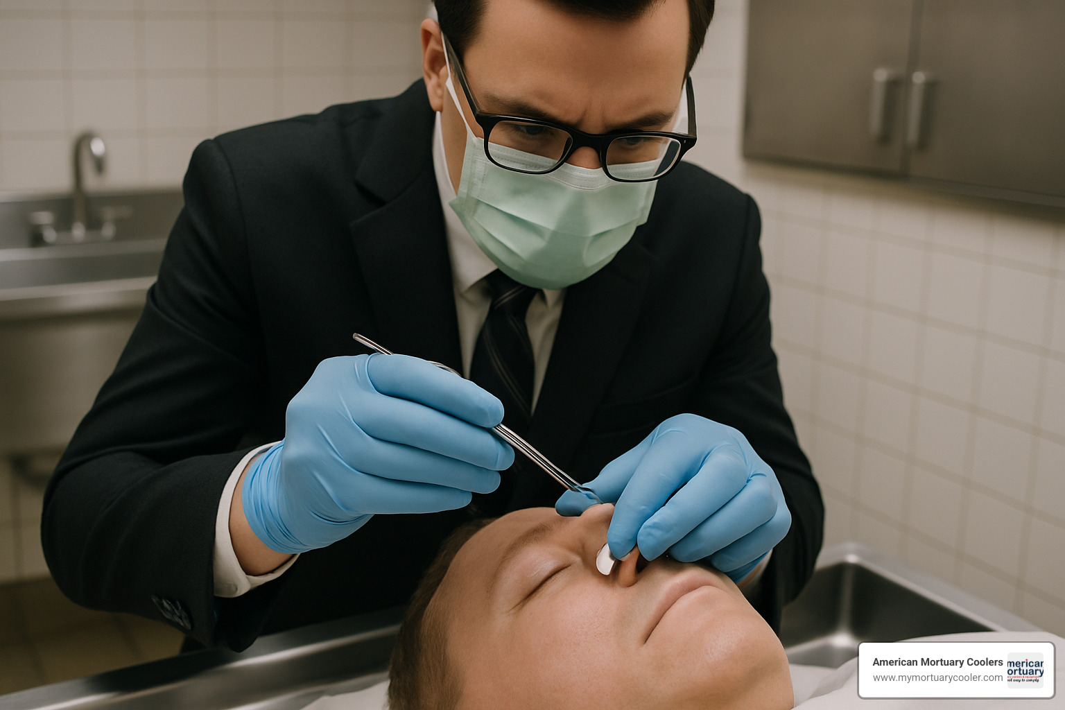 mortician carefully applying an eye cap to deceased - eyelid caps