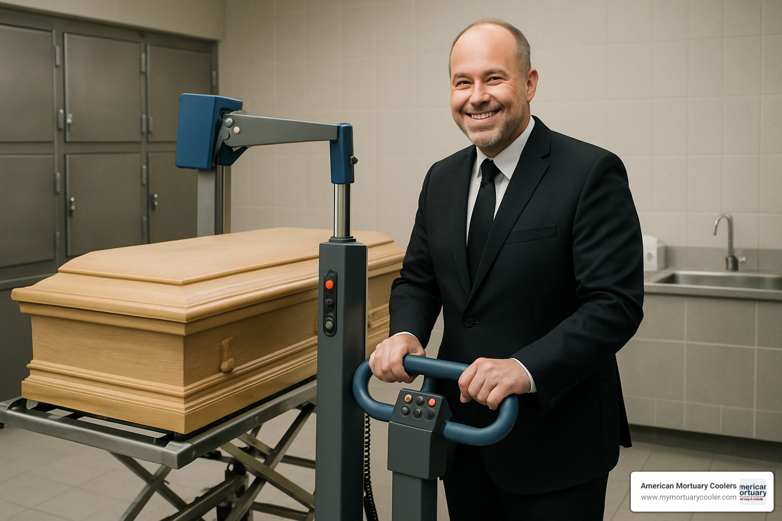 satisfied funeral director using mortuary lift - Mobi Mortuary Lift 